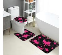 Modern Bathroom Mat Sets 3 Piece, Peach Butterfly Splash Absorbent Non Slip Toilet Rugs U Shaped Washable, Contemporary Quick Dry Flannel Bathroom Rug Set