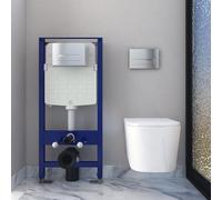 Modern Bathroom Rimless Wall Hung Toilet Square UF Short Projection WC Pan Soft Close Seat 1.14M Concealed Cistern Frame White-34B102