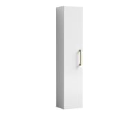 Modern Bathroom Wall Hung 1 Door Tall Storage Unit -Gloss White with Brushed Brass Handle, 1433 x 300 x 235mm