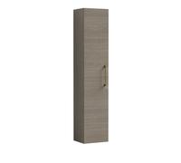Modern Bathroom Wall Hung 1 Door Tall Storage Unit -Woodgrain Mid Oak with Brushed Brass Handle, 1433 x 300 x 235mm