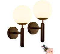 Modern Battery Operated Wall Sconces, No Wire Glass Globe Wall Lights Wall Decor Set of Two, Not Hardwired Matte Black Wall Lighting Remote Led Fixtures for Bedroom Stairway Vanity Living Room