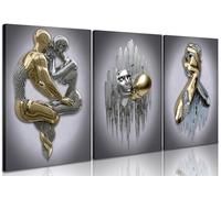 Modern Bedroom Wall Art Set of 3-3D Metal Effect Couple Canvas Paintings Wall Decor, Abstract Figure Statue Art Prints for Living Room Home Decor - 12x16in Framed