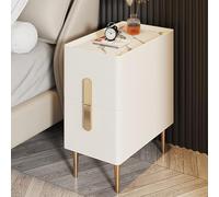 Modern Bedside Table with Storage Drawer Narrow Nightstand Chic Side Cabinet Rock Board Design Leather Finish Stylish Bedroom Furniture for Small Spaces