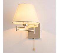 Modern Bedside Wall Mount Light with Pull Switch Adjustable Swing Arm Wall Sconce White Fabric Lampshade Hardwired for Bedroom Living Room Study Hotel Reading