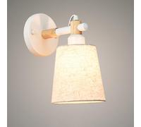 Modern Bedside Wall Sconce with Linen Fabric Shade, Nordic Wood Wall Light White Home Decor Lighting Fixture Retro E27 Indoor Wall Sconces Cylindl Textile Wall Lamp for Bedroom