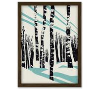 Modern Birch Tree Forest in Winter Modern Stencil Design Monochrome and Teal Artwork Framed Wall Art Print A4 Artery8 Brown One Size
