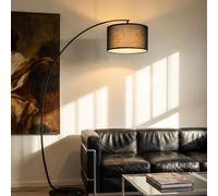Modern Black Arc Floor Lamp for Living Room, 178cm Tall Over Sofa Standing Lamp with Fabric Shade, Flexible Adjustable Lamp Head, Stable Wide 35cm Base, Foot Switch and E27 9W 3-Colour Bulb Included