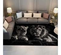 Modern Black Area Rug Non-slip Animal Lion and Lioness Portrait Washable Rug Flannel Floor Carpet 90x150cm for Living Room Bedroom Dining Room Home Office Black and White Rugs for Kids