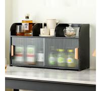 Modern Black Bamboo Kitchen Pantry Sideboard Freestanding Countertop Storage Cabinet with Acrylic Sliding Doors for Spice Bottles Bowls and Dishes 67x28x34cm