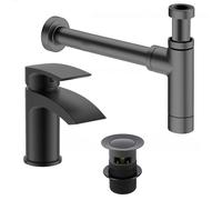 Modern Black Bathroom Basin/Sink Mixer Tap Incl Waste & Bottle Trap