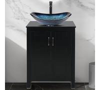Modern Black Bathroom Vanity Unit with 60cm Basin Free Standing Cabinet and Blue Glass Vessel Sink for Cloakroom