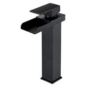 Modern Black Brass Bathroom Sink Mixer Faucet Single Lever Waterfall Tap Hot/Cold Water Includes HosesStylish Basin Fixture for Contemporary Bathrooms