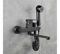 Modern Black Brass Wall Mounted Kitchen Faucet with Spray Gun Double Hole Design Hot and Cold Water Mixer Rotatable Multi Function Bathroom Sink Faucet 30cm