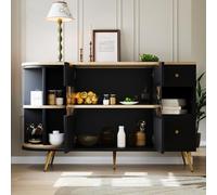 Modern Black Buffet Credenza for Dining Room & Living Room - Wooden Sideboard with Sliding Glass Doors & LED Lights Independent Cabinets Kitchen Furniture