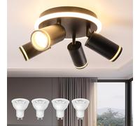 Modern Black Ceiling Light with 4 Orental Spotlights, Ceiling Light with Lower Lighting 8W+ 4 x 5W GU10 LED Spotlight, Warm White 3000K, Round LED Ceiling Spotlight for Kitchen, Living Room, Bedroom