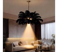 Modern Black Feather Pendant Light - 85cm Fluffy Lampshade 4500K LED Ceiling Chandelier for Living Room Bedroom Restaurant - Stylish Nature-Inspired Lighting Fixture
