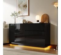 Modern Black Gloss Sideboard with LED Lighting 160 cm Wide 3 Ders & 2 Doors Ideal for Kitchen Living Room room Dining Room Office & Hallway 160 x 35 x 76 cm