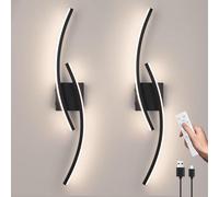 Modern Black LED Wall Lights Set of 2,Dimmable Battery Operated Wall Sconces,Wireless Wall Lights,Curved Light Bar for Bedroom Bathroom Hallway