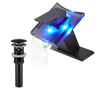 Modern Black LED Waterfall Bathroom Faucet with Glass Spout Single Handle Deck Mount Basin Sink Tap for Lavatory Vanity 3 Color Changing Battery Powered Overflow Drain Stopper Designer Look