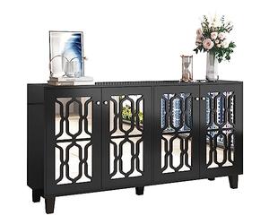 Modern Black Mirrored Sideboard with Crystal Handles 4 Doors Laminated Sto Cabinet for Living Room & Dining Room 160 x 40 x 84 cm - Slish Home Fur