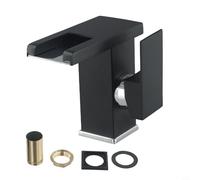 Modern Black Single Handle Bathroom Faucet 1 Hole DeckMounted Hot/Cold Mixer Copper Construction Stylish Waterfall Design for Contemporary Bathrooms