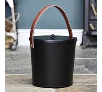 Modern Black with Leather Handle Ash Bucket - Heavy Duty Coal Scuttle & Log Bucket - Rustic Metal Fireplace Storage Container for Wood, Kindling & Ash - Fireside Accessory