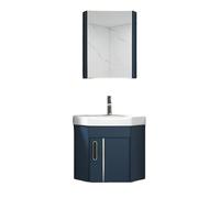 Modern Blue Corner Bathroom Vanity with Wall-Mounted Hand Sink & Mirror, Space-Saving Corner Sink with Faucet for Small Bathrooms