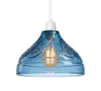 Modern Blue Glass Lamp Shade 24.5cm Wide, Easy Fit Replacement Ceiling Pendant Light Shade, Floral Pattern Design, Vintage Style Glass Hanging Lamps