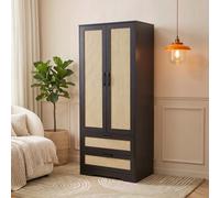 Modern Boho 2-Door Black Wardrobe with Rattan Style Panel, Tall Bedroom Armoire Closet with 2 Storage Drawers & Hanging Rail, 70x48x166cm