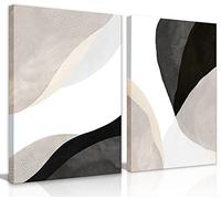 Modern Boho Canvas Wall Art Set of 2 - Minimalist Abstract Beige Black and White Neutral Textured Wall Art for Living Room, Dining Room, Office, Bathroom, Bedroom - Framed 12x16 in