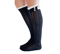 Modern Boho The Original Button Boot Socks with Lace Trim Boutique Socks, Black, One size