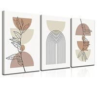 Modern Boho Wall Art Set of 3 - Abstract Geometric Line Leaf Beige Botanical Canvas Paintings Prints Wall Decor, Minimalist Wall Art for Living Room, Bedroom, Office - Framed 12x16 in