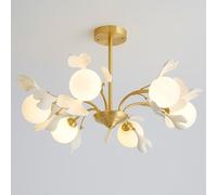 Modern Brass Ceiling Light 6-Lights Glass Semi Flush Mount Chaners, Ceramic Ginkgo Leaf Ceiling Lamp Fixture with White Glass Ball for Dining Room Bedroom Living Room