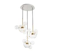 Modern Brass Globe Chandelier 15 Heads Bubble Pendant Light with Transparent Glass Balls for Dining & Living Room Warm 3000K Ambient Lighting