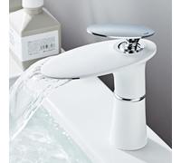 Modern Brass Sink Mixer Faucet - Single Lever Waterfall Tap with Hot/Cold Hoses - Sleek White Design Ideal for Contemporary Bathrooms & Stylish Decor