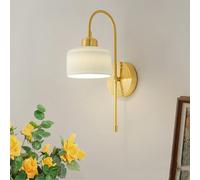 Modern Brass Wall Sconce White Stripe Ceramic Wall Lamp Luxurious Indoor Copper Wall Light with Cylindl Ceramic Shade, E27 Brushed Brass Home Deco Lighting Fixture for Bedroom
