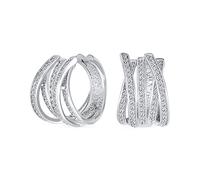 Modern Bridal Five Rows Micro Pave CZ Wide Criss Cross Huggie Hoop Earrings For Women Wedding Formal Party Silver Rhodium Plated Hinge Style 0.6 Inch Diameter