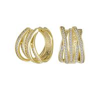 Modern Bridal Five Rows Micro Pave CZ Wide Criss Cross Huggie Hoop Earrings For Women Wedding Formal Party Yellow Gold Plated Hinge Style 0.6 Inch Diameter