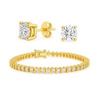 Modern Bridal Round Solitaire CZ Tennis Bracelet & CZ Stud Earrings Set Jewelry for Women Wedding & Special Occasion Yellow Gold Plated .925 Sterling Silver