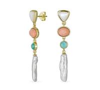 Modern Bridal Tri Tone Mixed Natural Pastel Soft Pink Green Gemstones Geometric Linear Thin Long Off White Freshwater Cultured Baroque Pearl Dangle Earrings For Women Teens Yellow Gold Plated