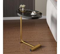 Modern C-Shaped Side Table with Iron Legs & Wood Top Stylish Bedside Nightstand for Living Room Snack & Book Holder for Sofa Balcony Corner - 45x28x60 cm (Black+Gold)