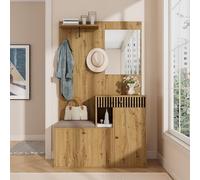 Modern Cact Wardrobe Set with Mirror & Cushion, Stylish Entryway Storage Cabinet & Shoe Rack, Hallway nizer, 110x185.5x37 cm (Black & Natural Finish)