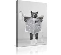 Modern Canvas Wall Art Funny Animals Sitting On The Toilet Newspaper Pictures Reading Bathroom Bedroom Poster Frameless (Bear-1, 40 x 60cm)
