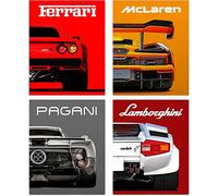 Modern Car Posters Classic Supercar Wall Art Prints, 11"x14" -Sports Car Wall Decor, Cool Racing Ferrari Lamborghini McLaren Pagani Canvas Posters for Man Cave Boys Room Wall Decor, Set of 4-Unframed