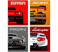 Modern Car Posters Classic Supercar Wall Art Prints, Cool Racing Ferrari Lamborghini McLaren Pagani Canvas Posters for Man Cave Boys Room Wall Decor, Sports Car Art Prints, Set of 4 (8"x10" Unframed)