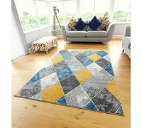 Modern Carved Diamonds Marble Design Small Large Ochre Mustard Navy Blue Silver Grey Thick Floor Long Carpet Rugs (160x225cm)