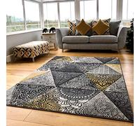 Modern Carved Mosaic Tiles Design Small Large Ochre Mustard Silver Grey Thick Floor Long Carpet Rugs (160x225cm)
