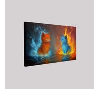 Modern Cat Ice and Fire Elements Poster Print on Canvas 60 x 40 cm Framed Cartoon Style Wall Art for Bedroom Office Living Room Home Decoration