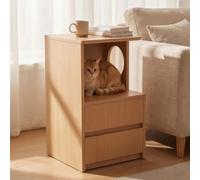Modern Cat Nightstand, Wooden Bedside Table with 2 Drawers | Small Floor Cat Side Table, Multi-Functional Storage Cabinet for Bedrooms, Living Rooms