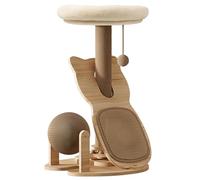 Modern Cat Tower with Scratching Post, Sisal Ball and Rotating Play Disc, Integrated Cat Condo and Tilted Angled Ramp Scratcher